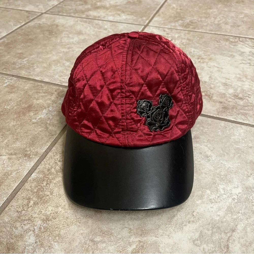 Disney‎ Parks Original Red Quilted Hat Black Mickey Rose Ears Beauty & the Beast